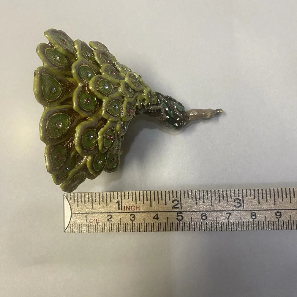 Enameled Rhinestone Peacock Trinket Box Jewelry Ring Holder Magnet Closure